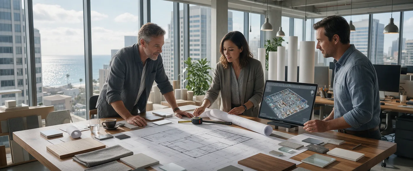 Arquitetos revisando planta e amostras de materiais